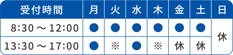 受付時間 8:30〜12:00 13:30〜17:00 月●● 火●※ 水●● 木●※ 金●休 土●休 日休